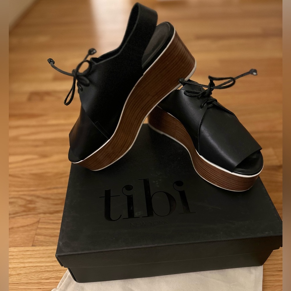 TIBI women MALONE Black leather platform wedge sandals shoes  Size EU 39 US 8.5